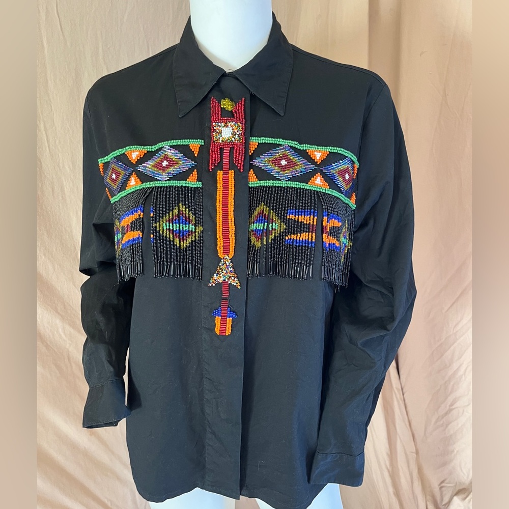 Lew Magram beaded western button up long sleeve collared shirt
